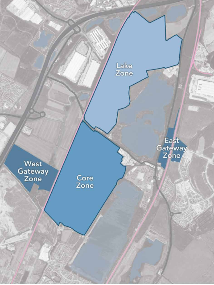 Universal map of the Bedford resort site showing the Lake Zone, Core Zone, West Gateway Zone and East Gateway Zone
