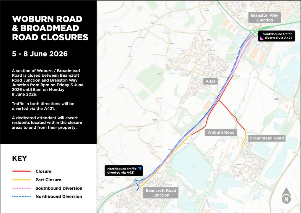 Woburn Road shut this weekend between Wootton roundabout and Green Lane