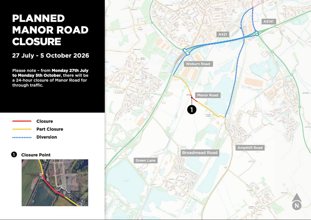 Manor Road in Kempston Hardwick to close to through traffic from 27 July to 5 October 2026