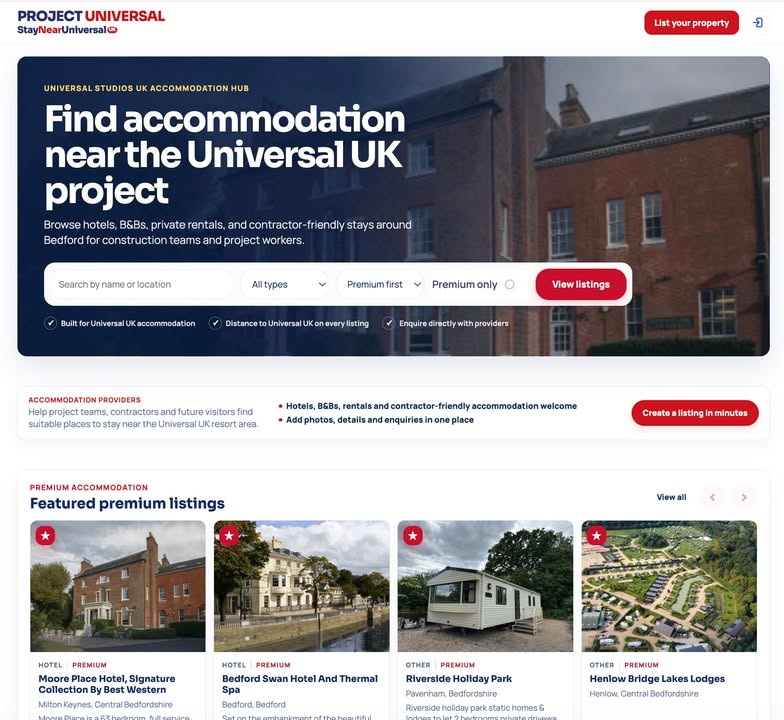 StayNearUniversal.uk urges Bedford-area hosts to list properties for future Universal visitors
